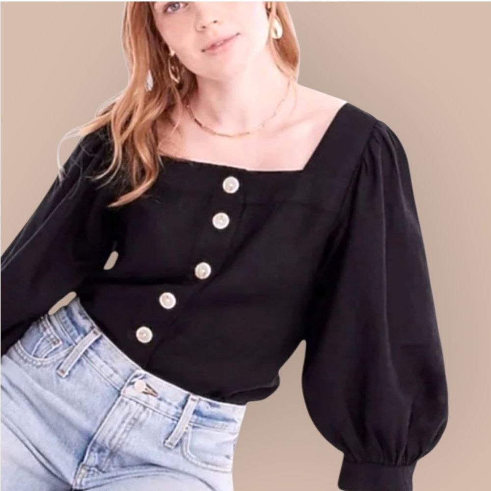 NEW J Crew Square Neck Button Up Top In Black Size M